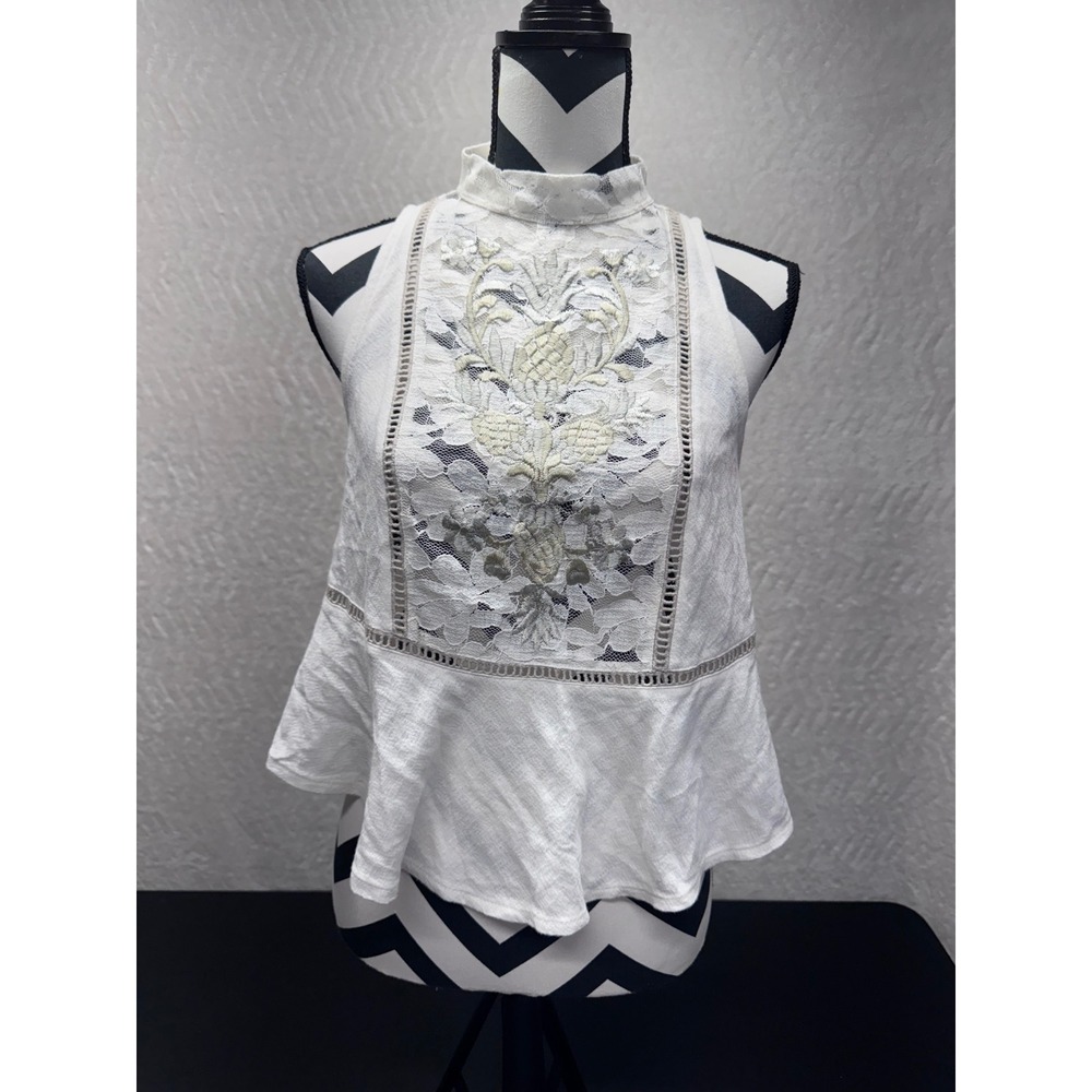 White Lace Embroidered Mock Neck Peplum Tank Top Sleeveless Blouse XS